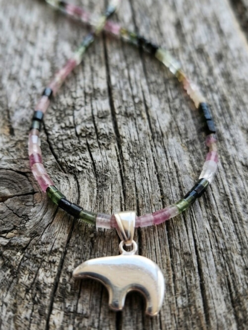 Sterling Silver Tourmaline Gemstone Bear Necklace